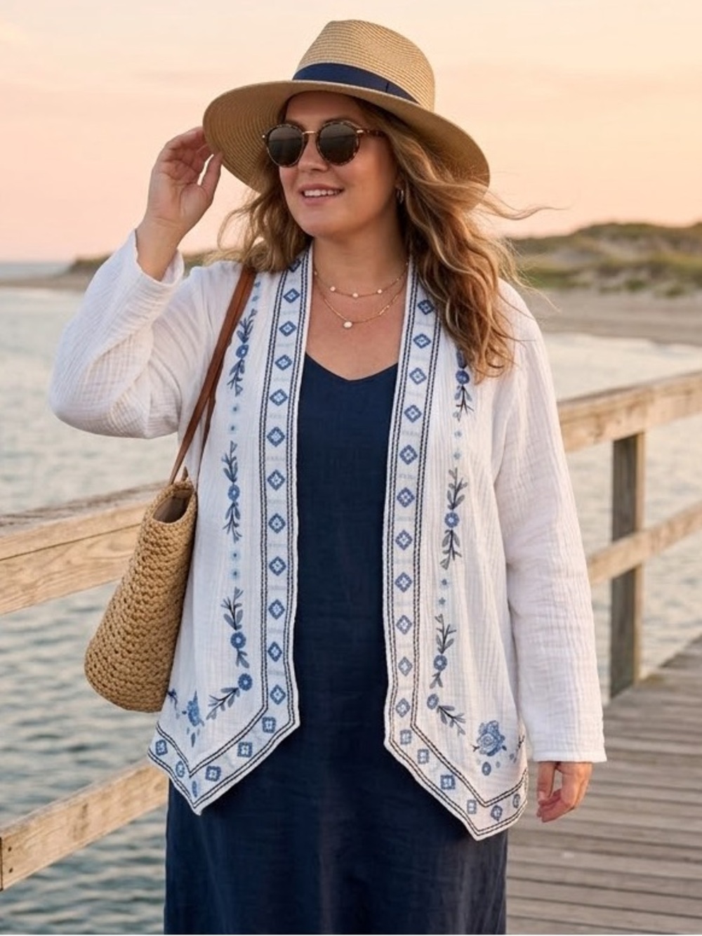 Cynthia Rowley Embroidered Cotton Gauze Kimono Cardigan 1X Blue White Coastal